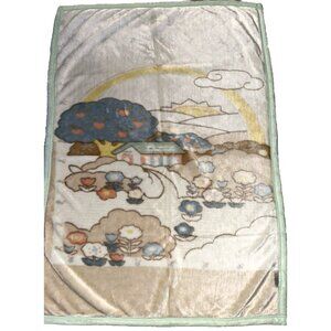 vintage Mink Plush Baby Crib Blanket Lovey Pastel Flowers Sun Japan Clouds 55x38